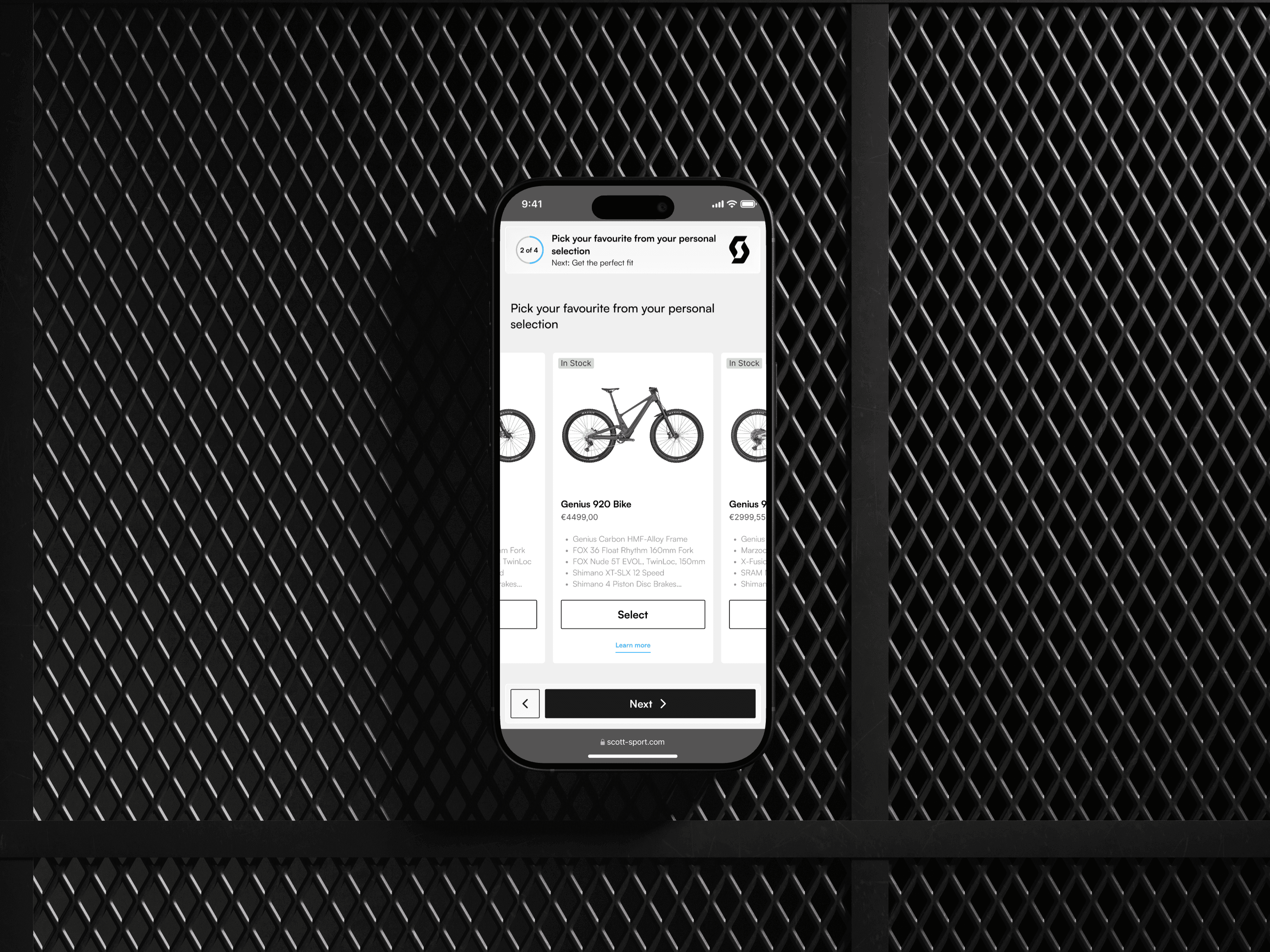 A guided selection step on a phone, headed pick your favourite from your personal selection - Genius bikes as cards with specifications, prices and stock