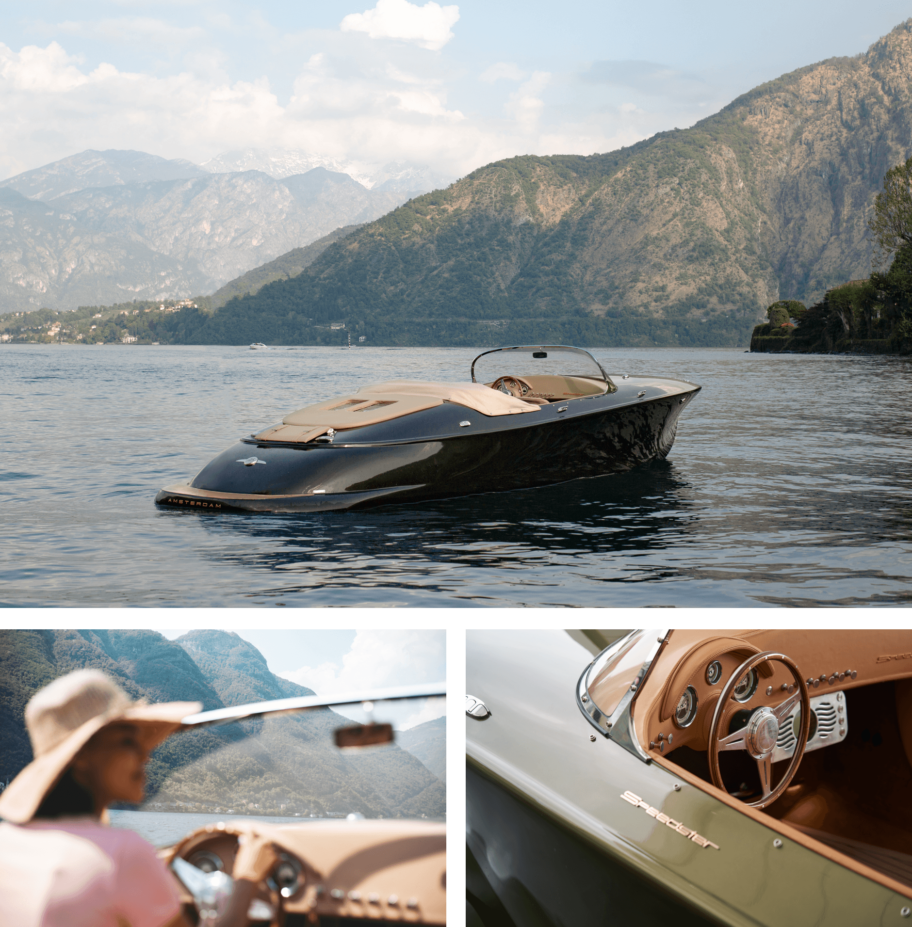 Three frames from Lake Como: the Speedster at rest below the mountains, a passenger at the wheel, and the cockpit close up