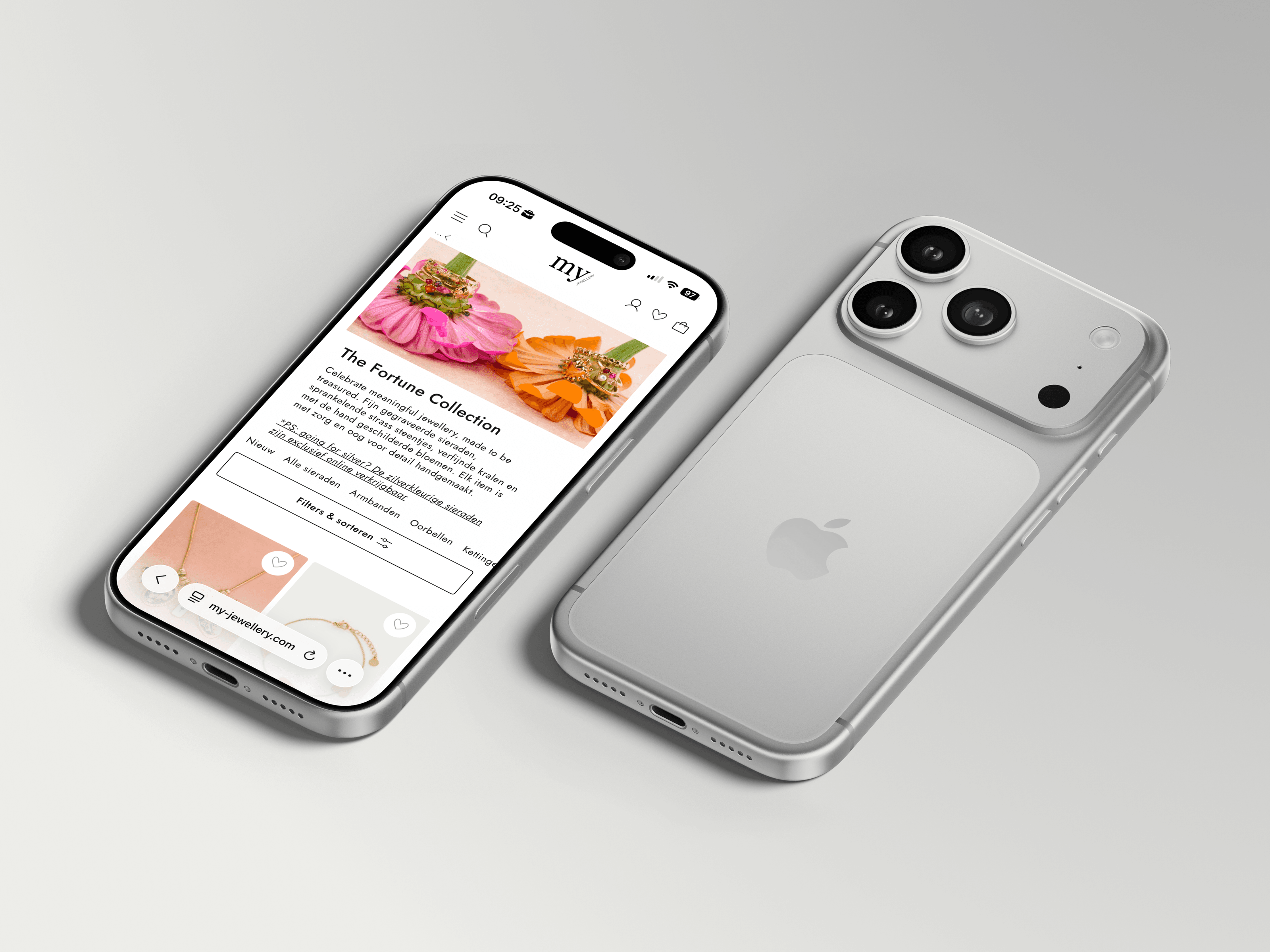 An iPhone mockup, front and back, the screen showing the My Jewellery app’s Fortune Collection category page above a grid of new necklaces