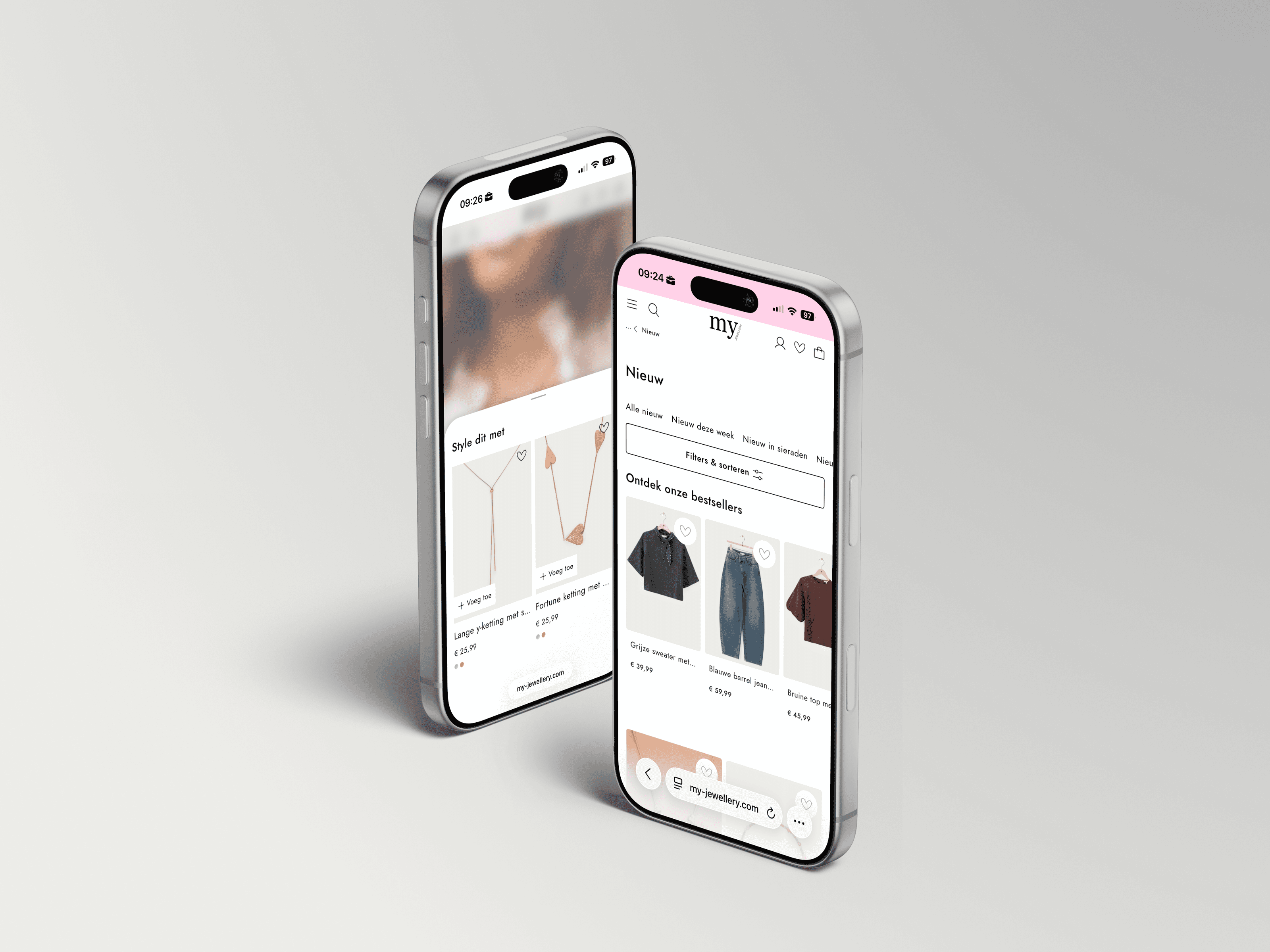 Two iPhone mockups side by side, one showing a product page with styling suggestions, the other a new-arrivals listing page with clothing bestsellers