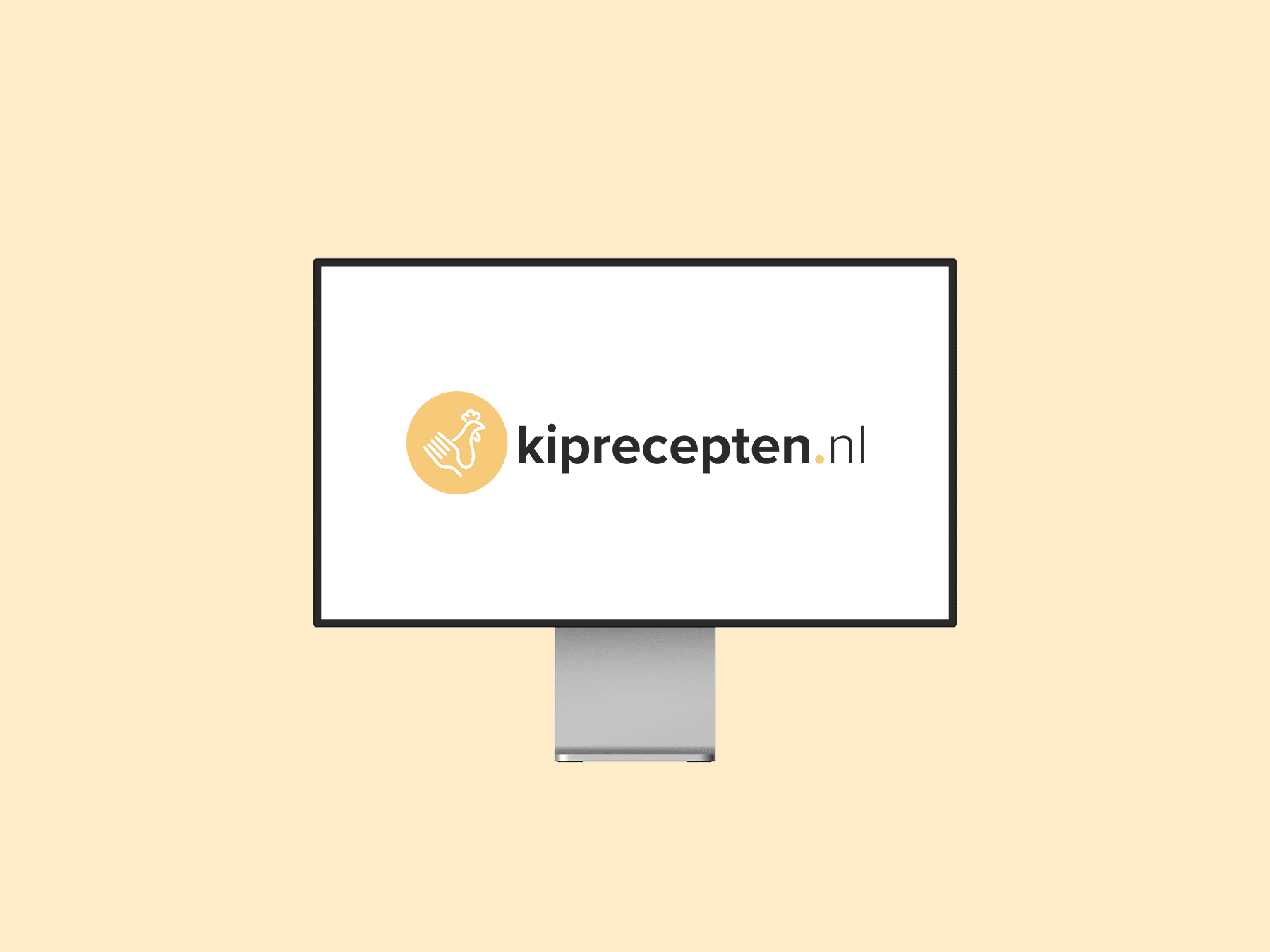 The kiprecepten.nl logo on a monitor: a line-drawn chicken and a fork inside a soft yellow circle