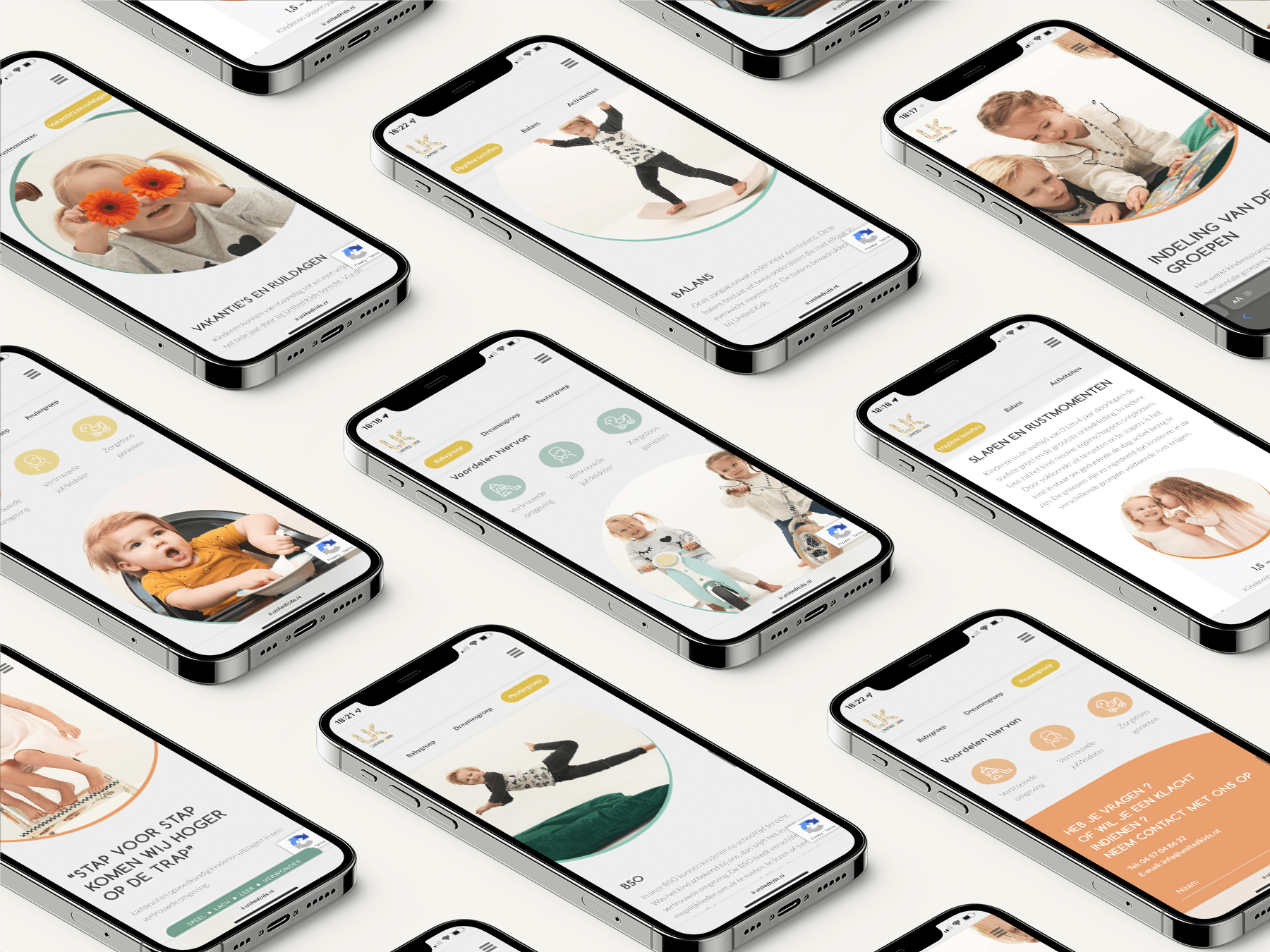 A grid of iPhone screens from the United Kids site - the groups, sleep and holiday sections - each with a child photographed in a circular crop
