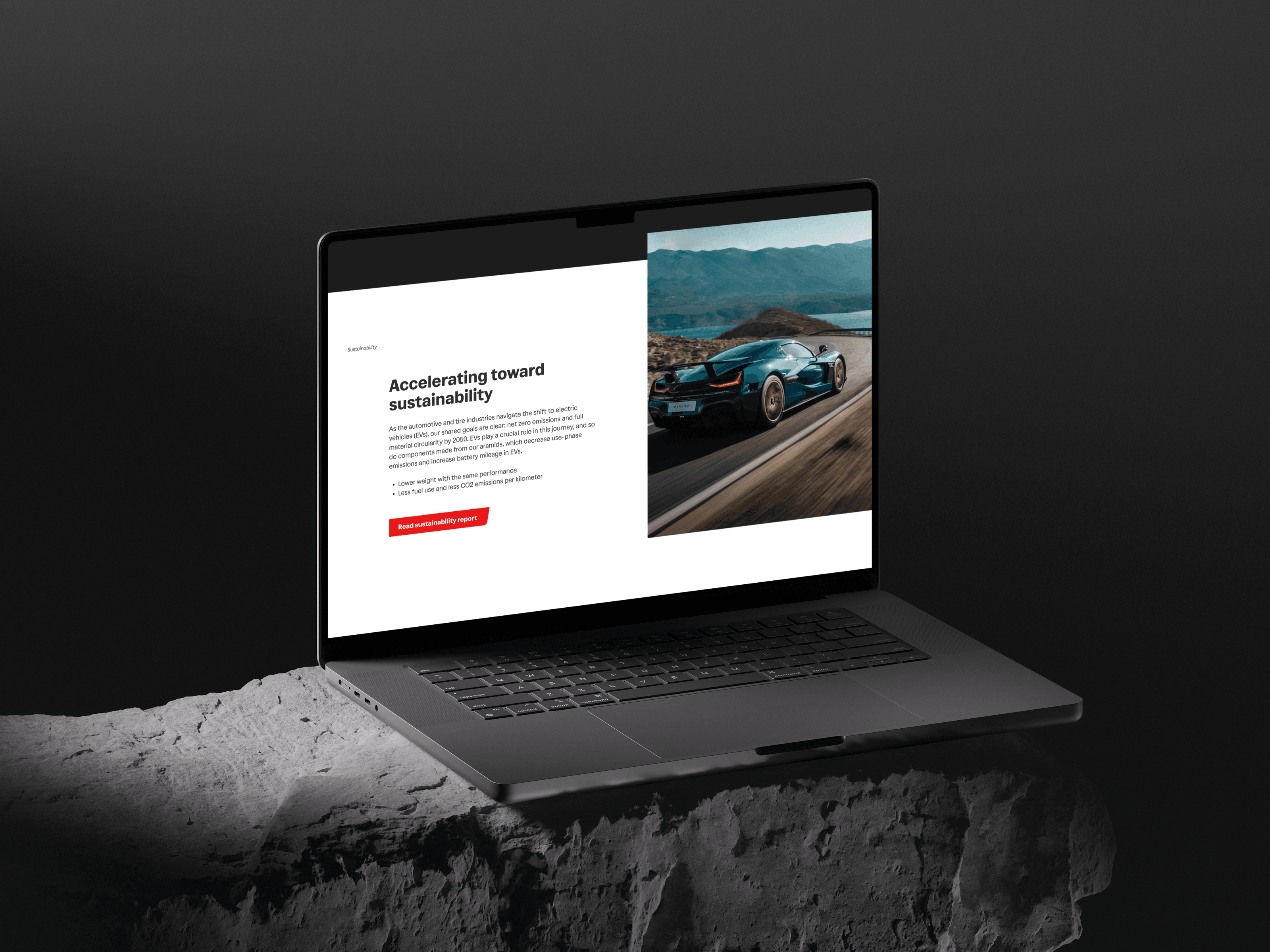 A laptop showing the Teijin Aramid sustainability page on white, "Accelerating toward sustainability" beside a car photographed on a mountain road, with a "Read sustainability report" button