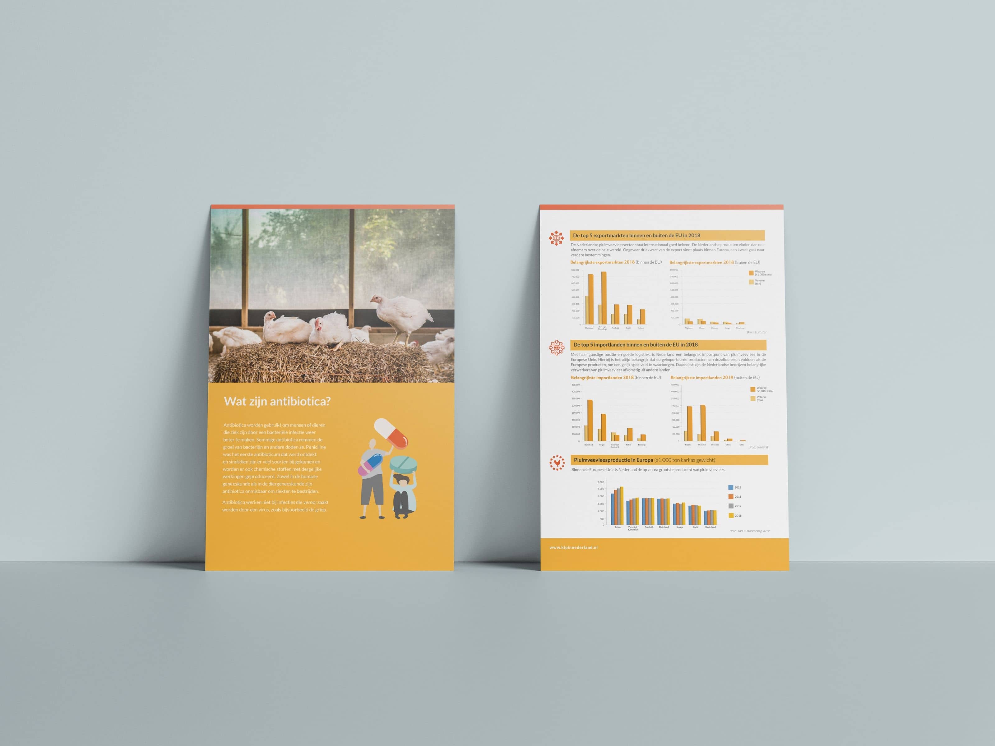 Two Kip in Nederland fact sheets, one explaining what antibiotics are beside a photograph of broilers on straw, the other charting Dutch poultry exports and European production