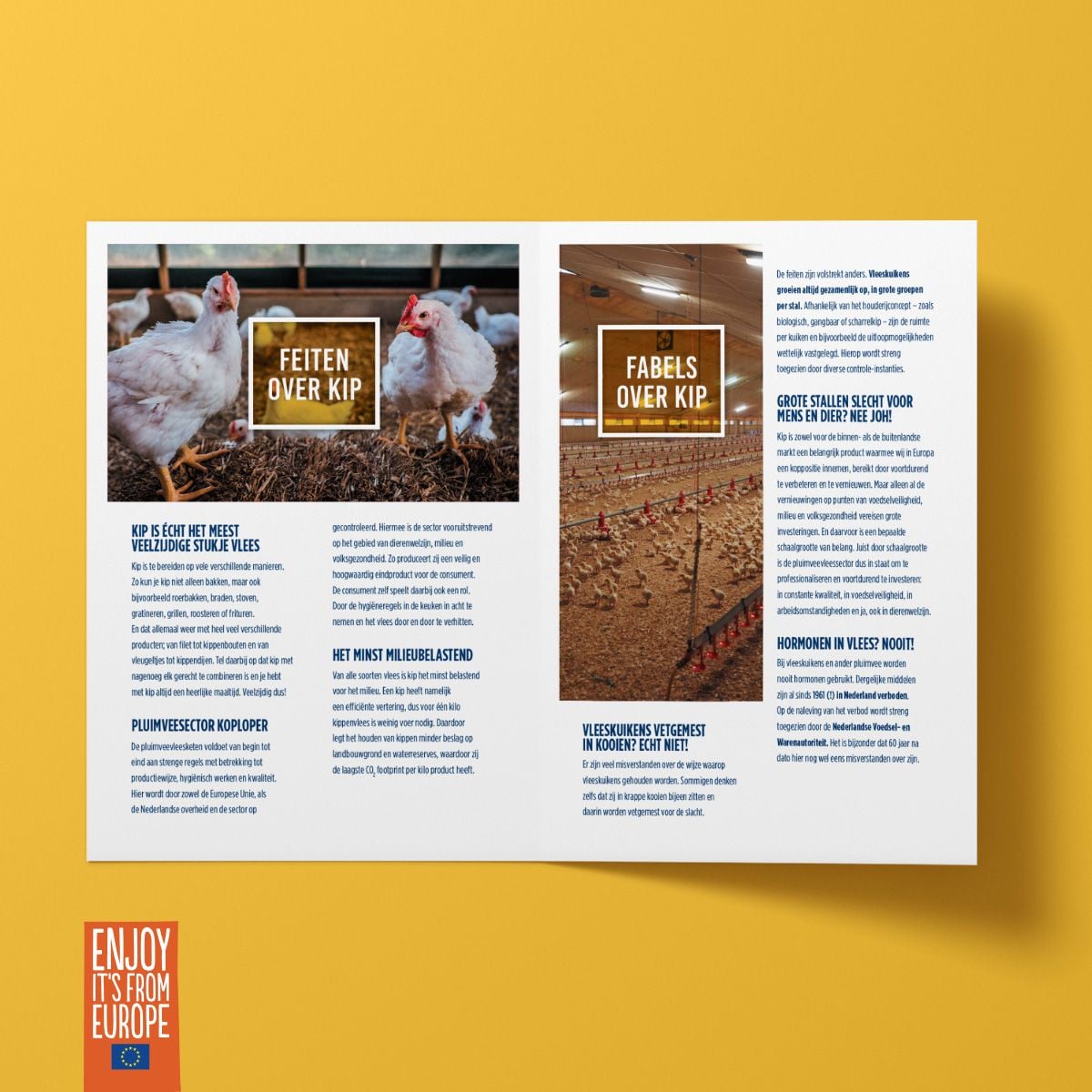 An open leaflet spread for the Enjoy it’s from Europe campaign: "Feiten over kip" beside a photograph of chickens in a barn, and "Fabels over kip" beside another barn interior, addressing common misconceptions about poultry farming
