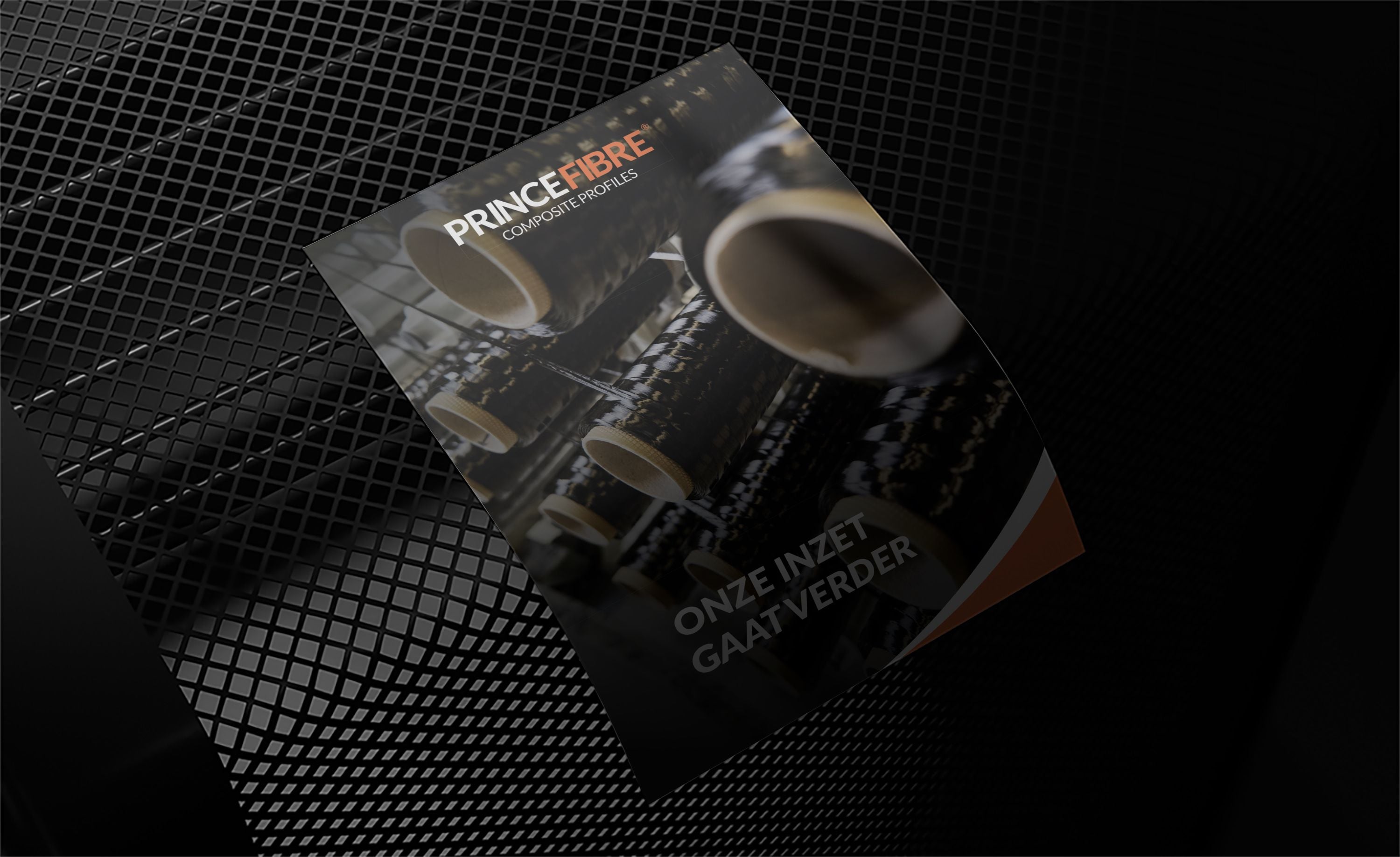 A trade-fair flyer for Prince Fibre Composite Profiles, its cover a photograph of racked carbon-fibre spools, headlined "Onze inzet gaat verder"