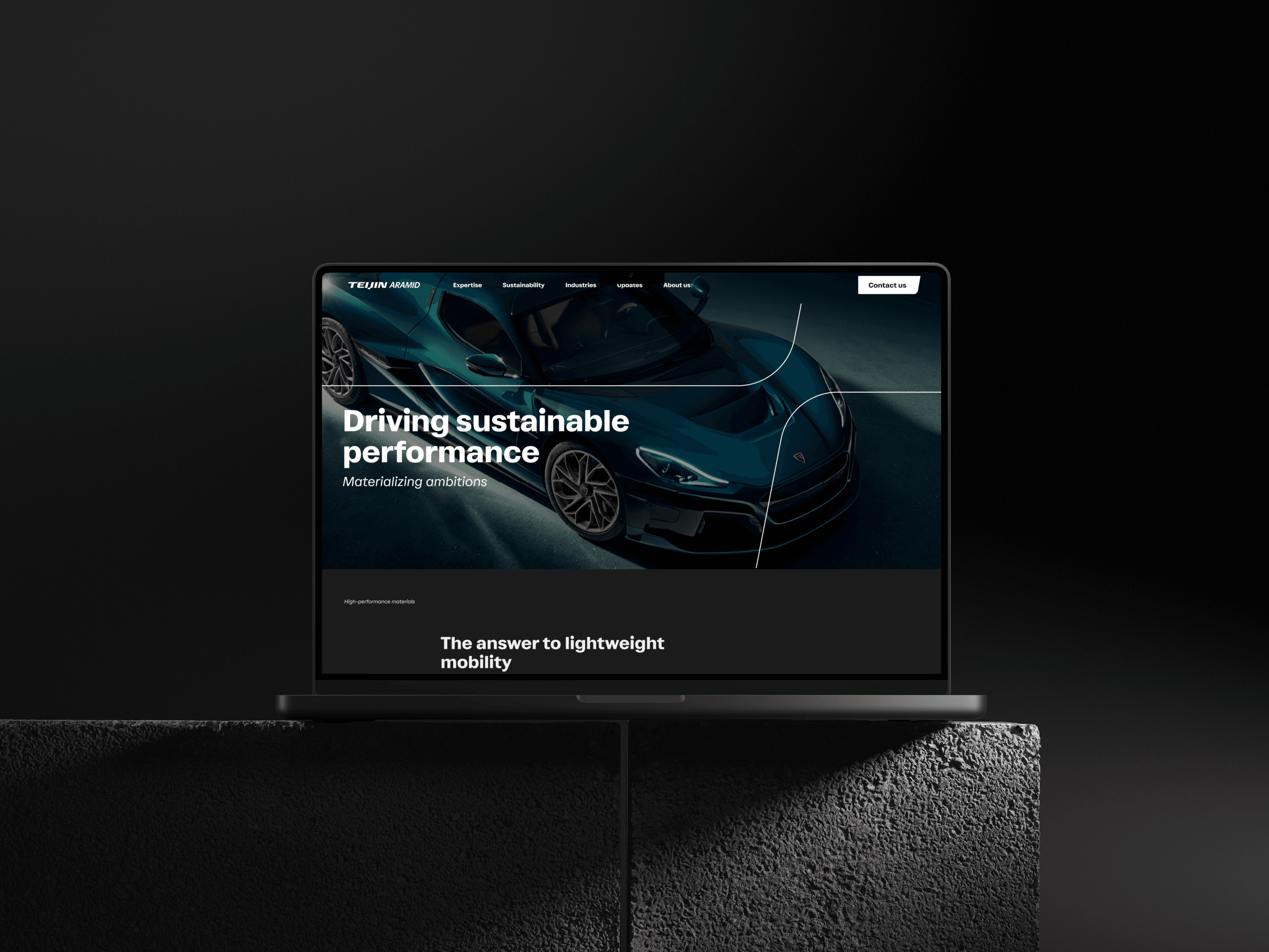 A laptop showing a Teijin Aramid product page, a dark green hypercar filling the hero under the headline "Driving sustainable performance"
