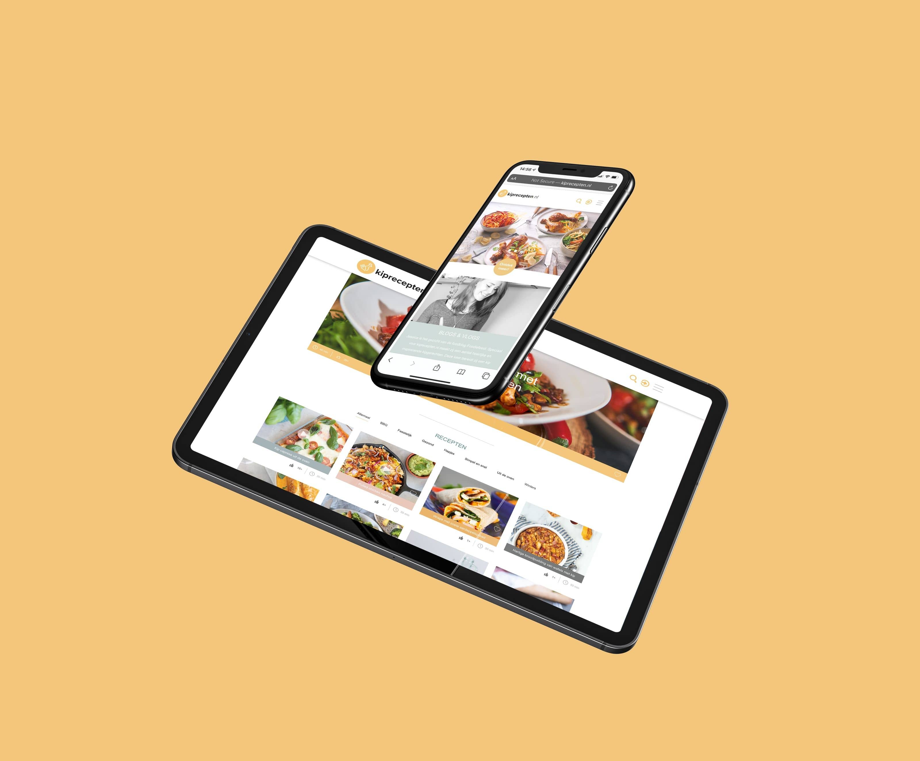 The Kiprecepten.nl site on a tablet and a phone, a grid of recipe cards under a blogs and vlogs panel