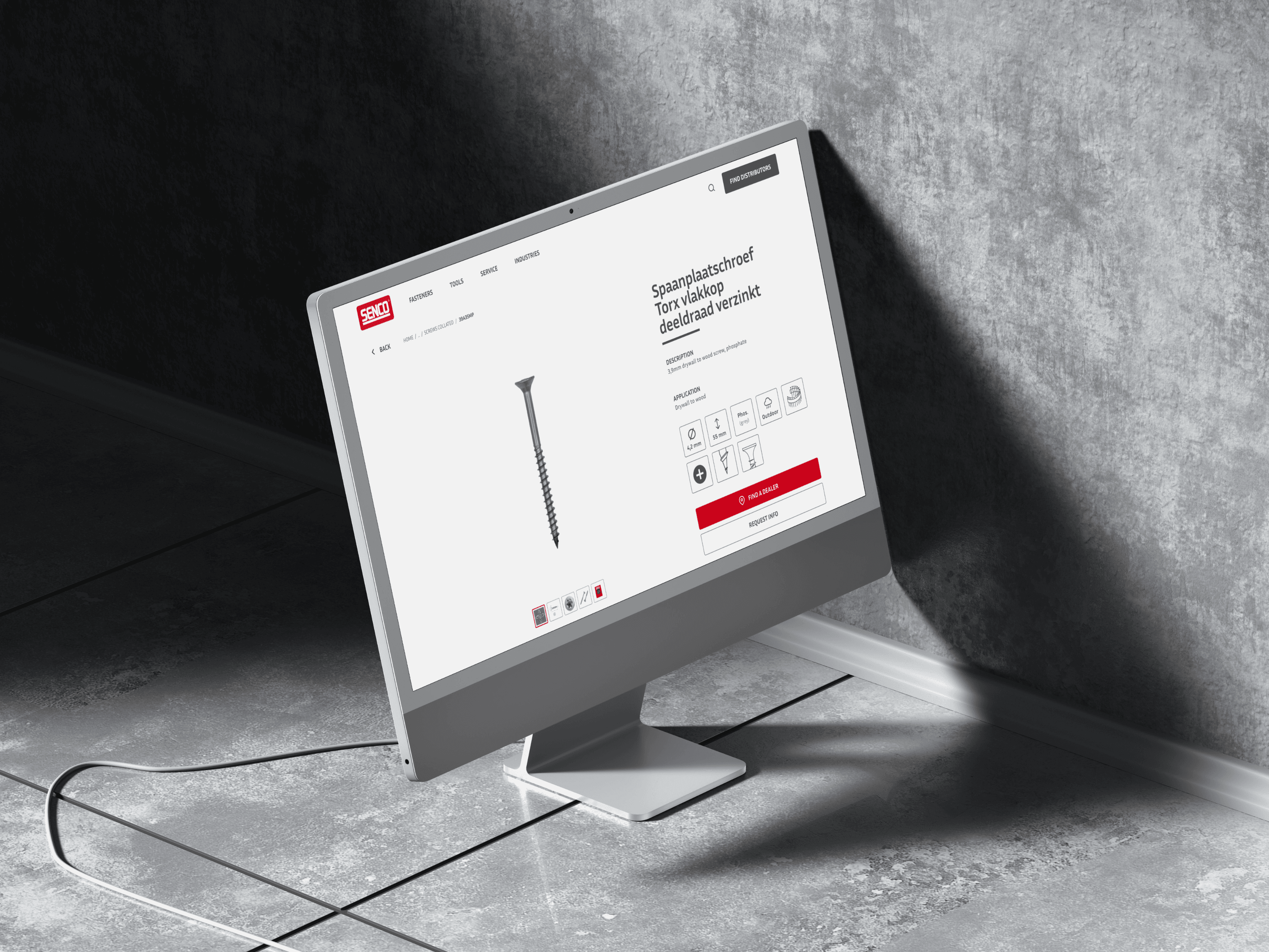 A desktop monitor showing a Senco product page for a Torx chipboard screw, with a technical illustration of the screw and a grid of specification icons beside it