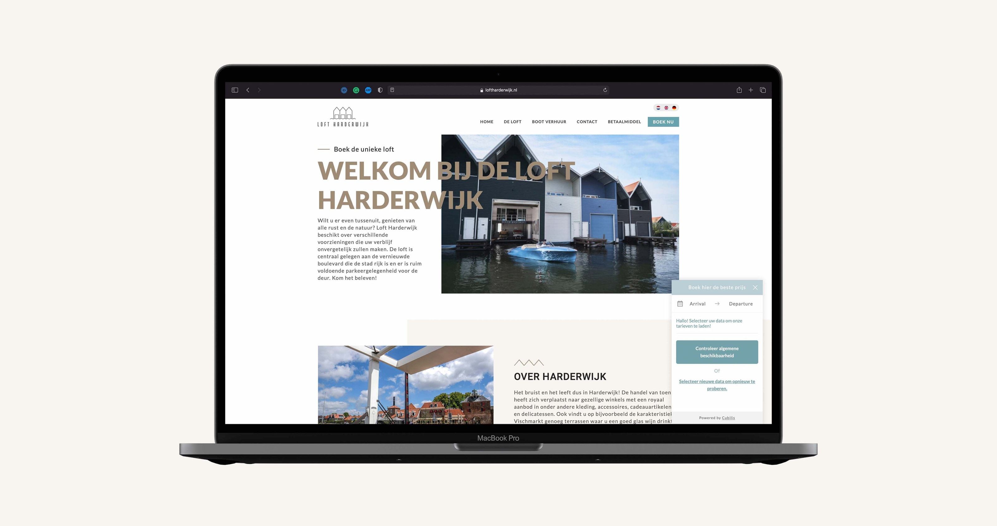 The Loft Harderwijk site on a laptop, the gabled-roofline logo above a photograph of the boathouses with a speedboat moored in front