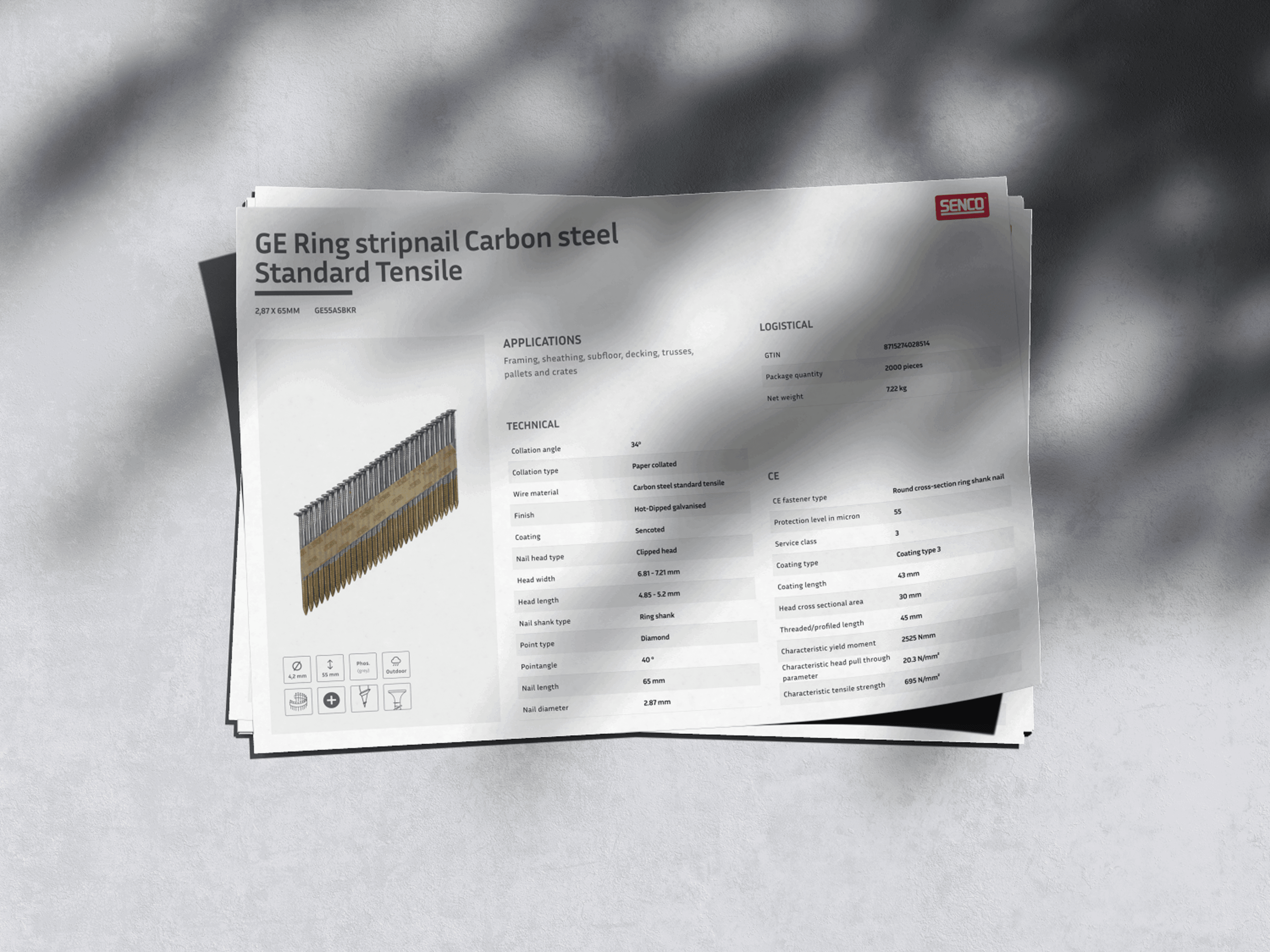 A printed technical data sheet for a Senco ring shank nail, with a product illustration, application notes and full specification tables under the Senco logo
