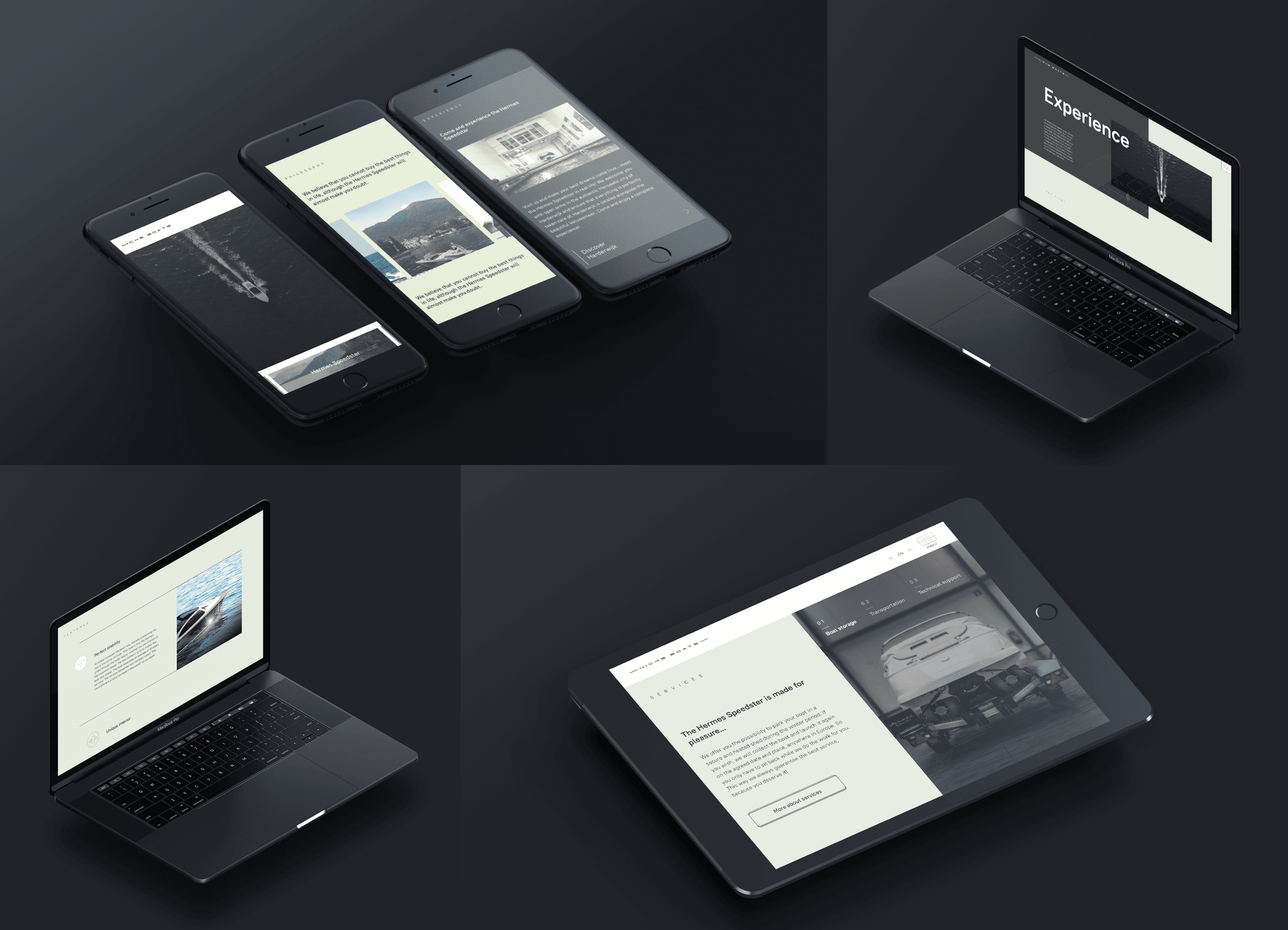 The Nicks Boats website shown across phones, two laptops and a tablet