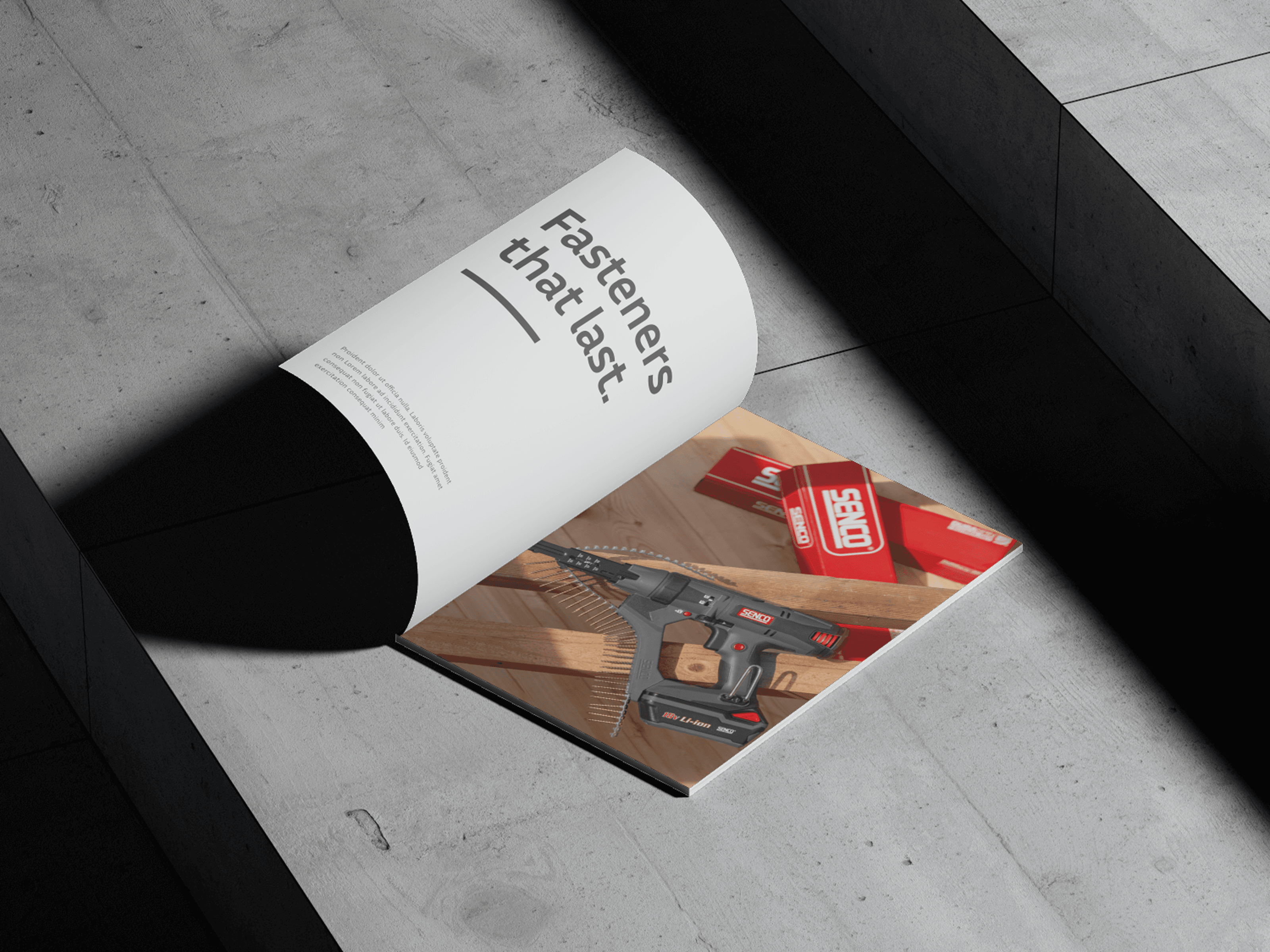 An open brochure mockup, "Fasteners that last" on the left page and a photograph of the Senco tool and packaging on the right