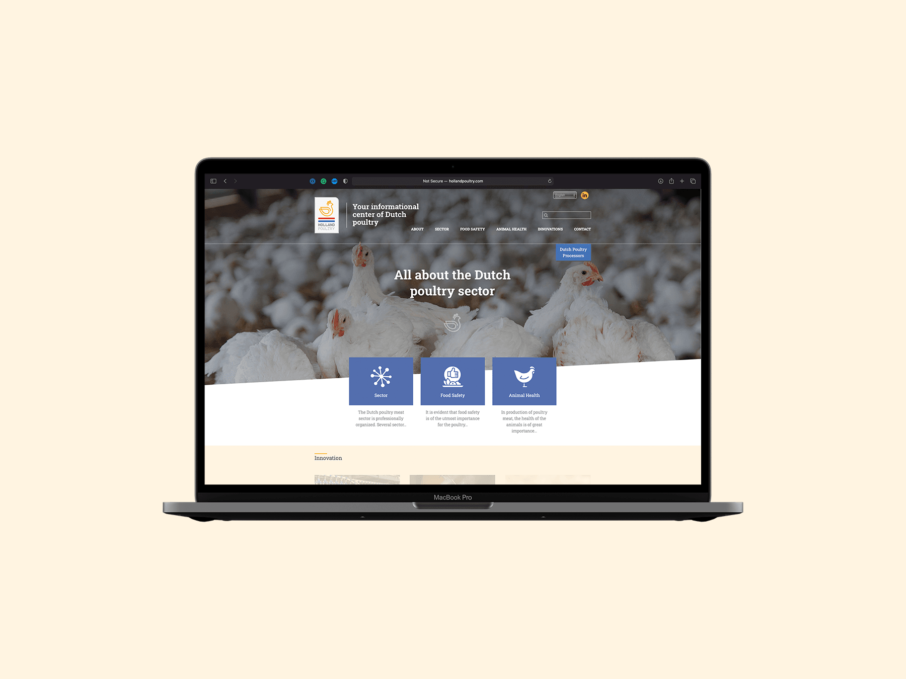 The Holland Poultry site open on a MacBook, white broiler chickens filling the header behind the line ‘All about the Dutch poultry sector’
