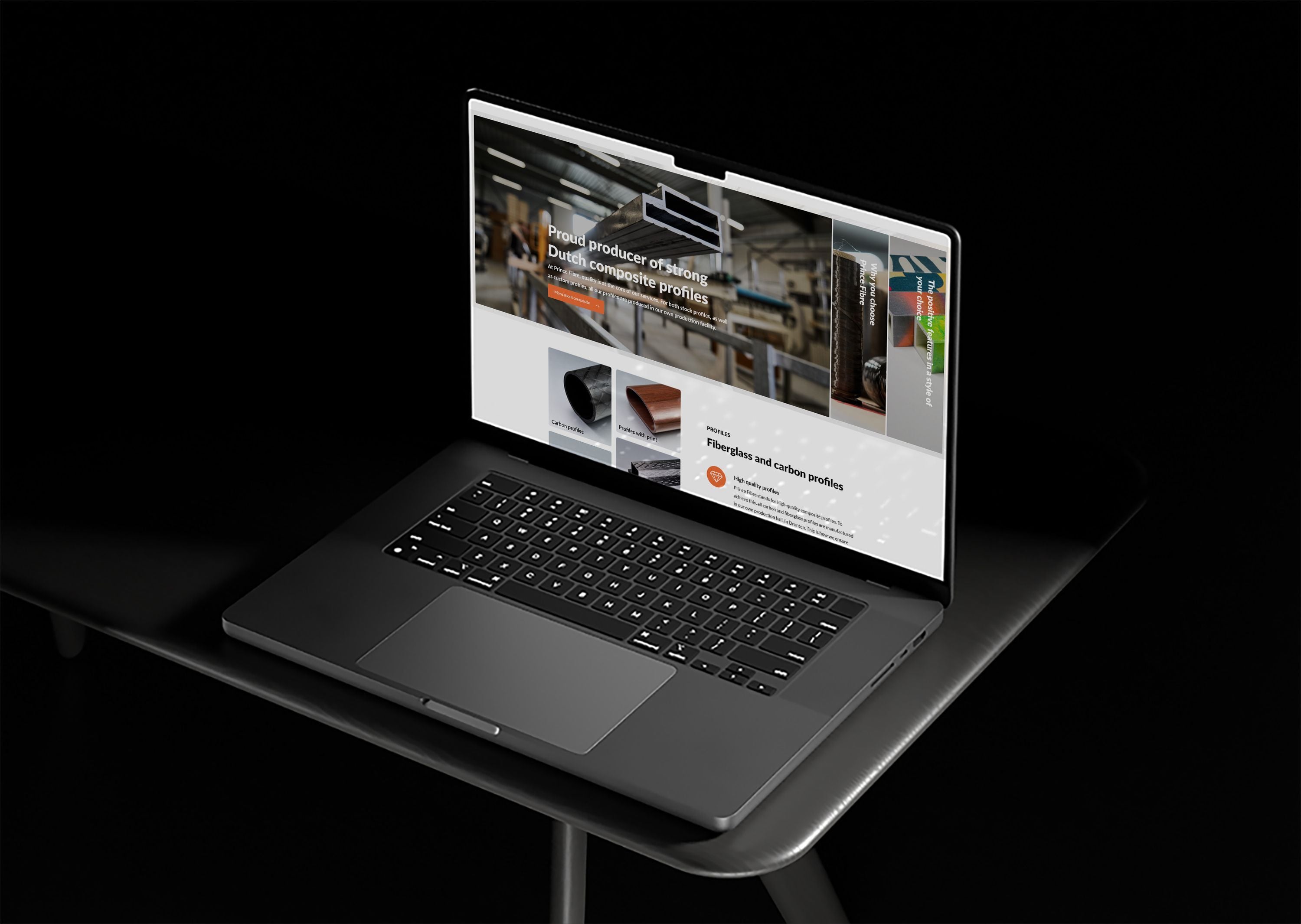 A laptop showing the Prince Fibre website homepage: "Proud producer of strong Dutch composite profiles" above a factory photograph and a row of profile product thumbnails