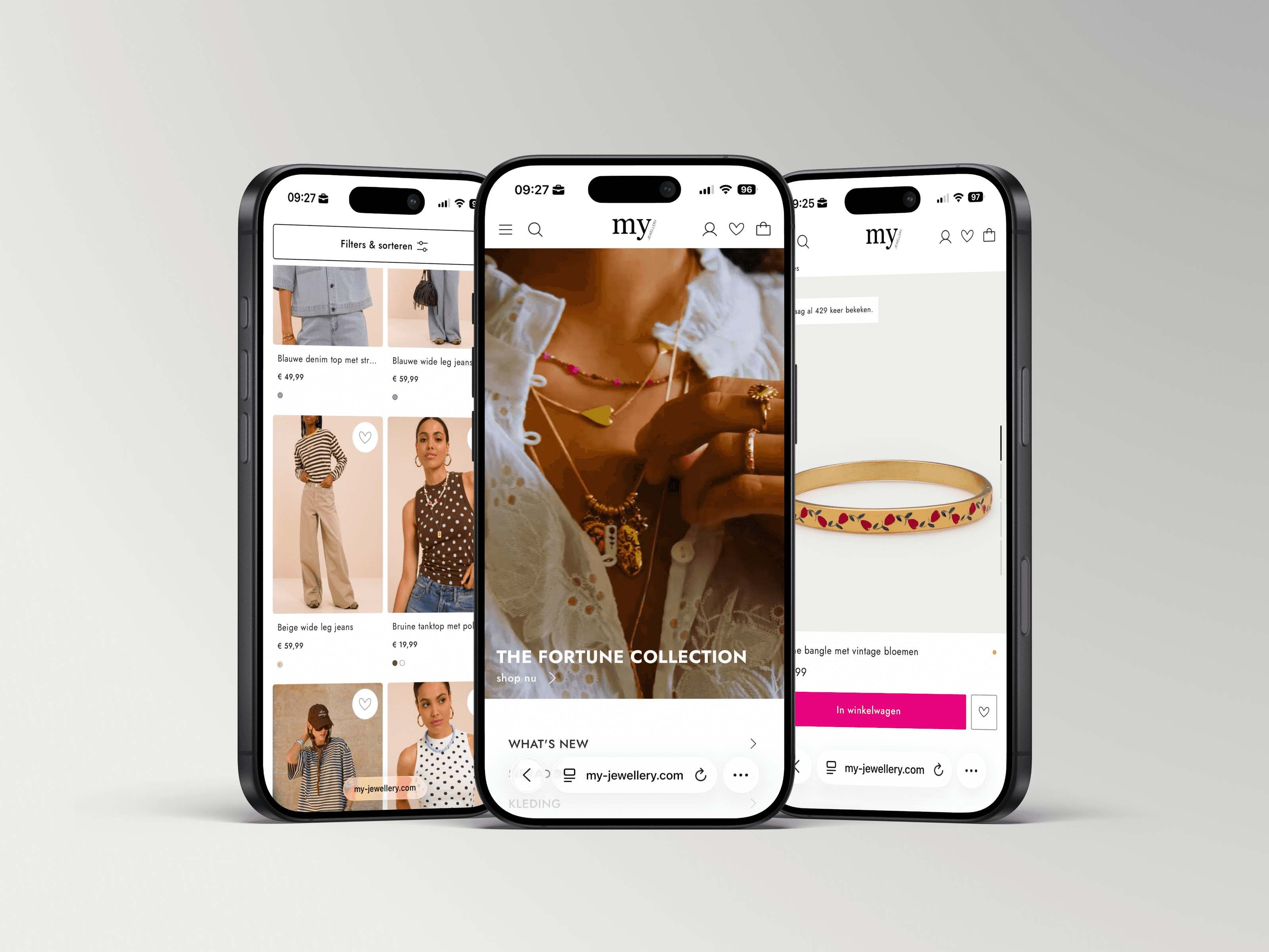Three iPhone mockups showing the clothing grid, the Fortune Collection campaign banner, and a product page for a gold bangle with an add-to-cart button