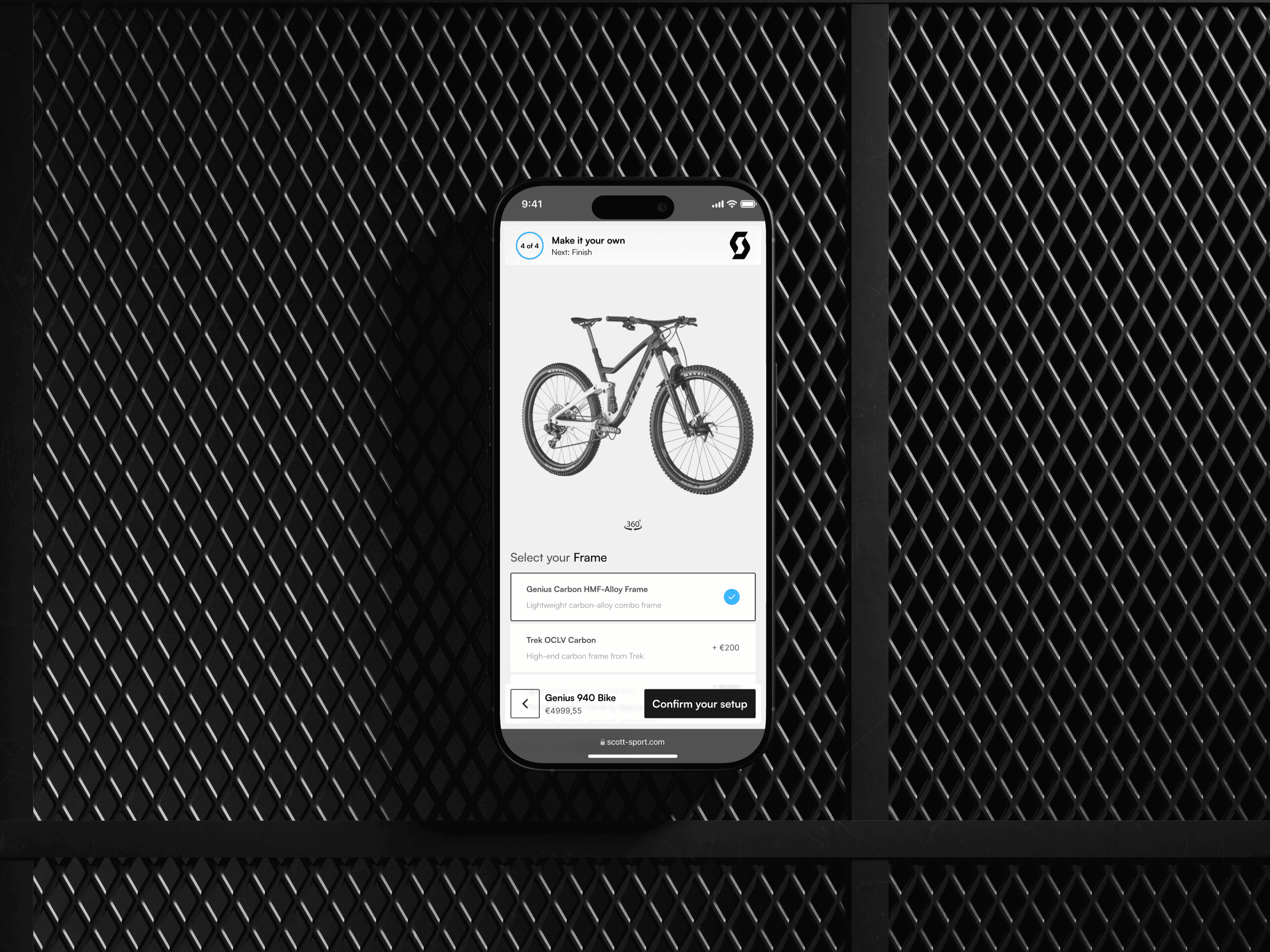 The configurator on a phone: a Genius mountain bike above a 360-degree control, a frame chooser below it and a running total in the footer