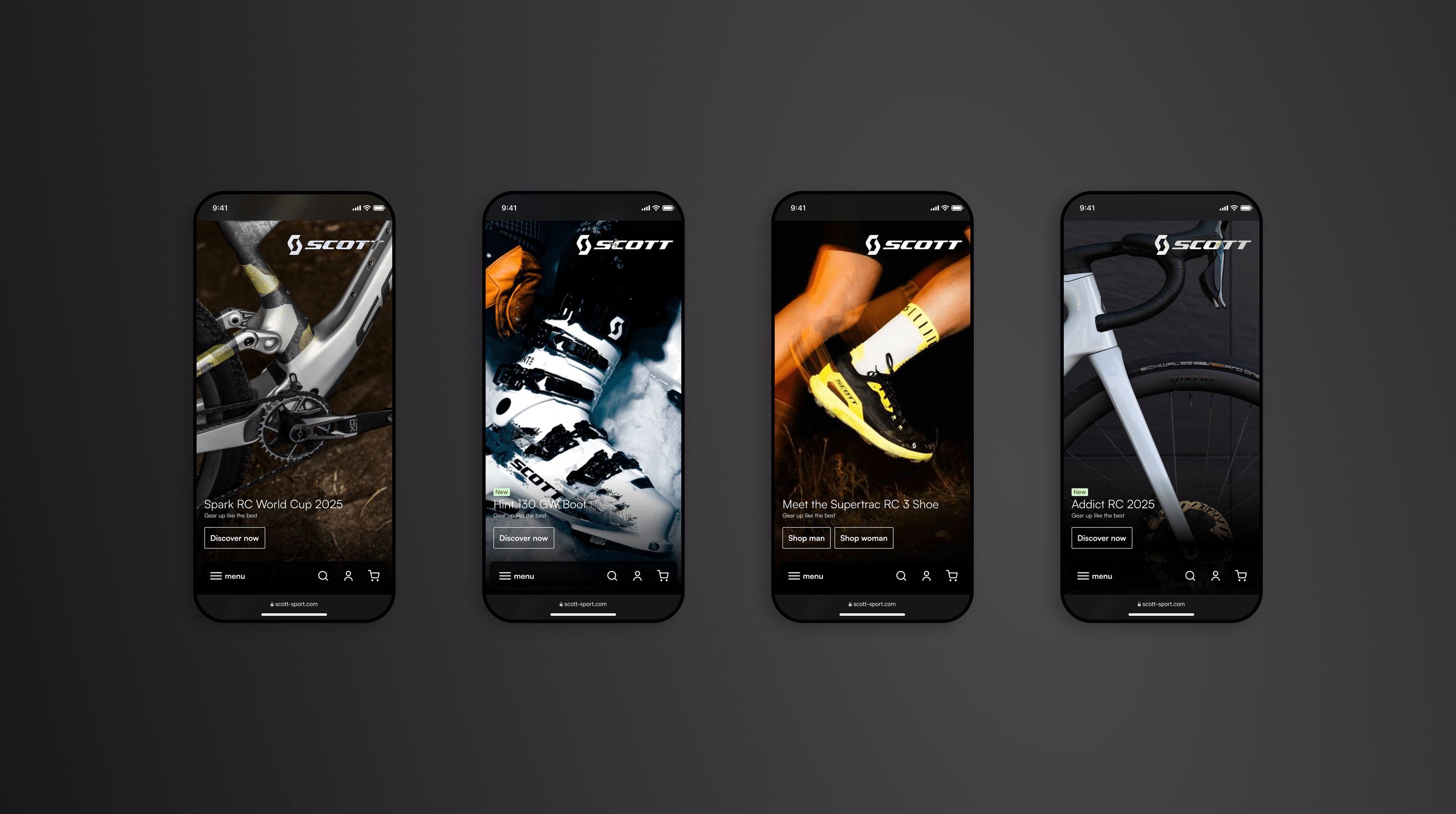 Four phone screens side by side, each a full-bleed Scott product hero - the Spark RC bike, the Hi-Fi ski boot, the Supertrac trail shoe and the Addict RC road bike
